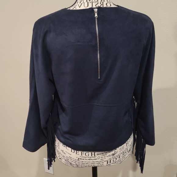 Zara Trafaluc Womens SZ Sm. BLUE suade Fringed cropped top w/back zipper. - Picture 6 of 9